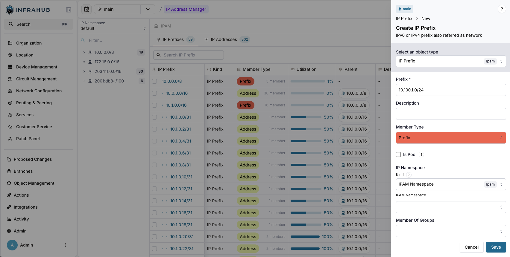 Creating prefix 10.100.1.0 via the Web Interface